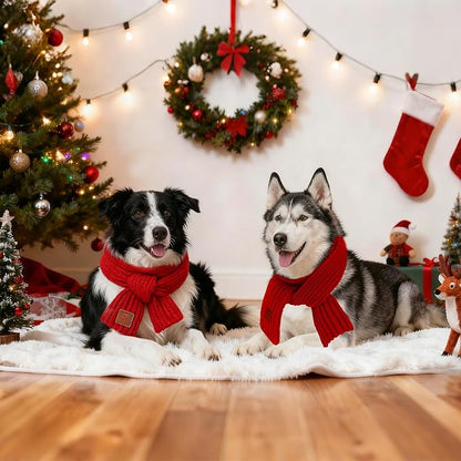 BWOGUE 2-Piece Knitted Dog Christmas Scarf & Bandana with Red Design for Medium/Large Dogs - Winter Warm Holiday Pet Costume Accessory (Red)