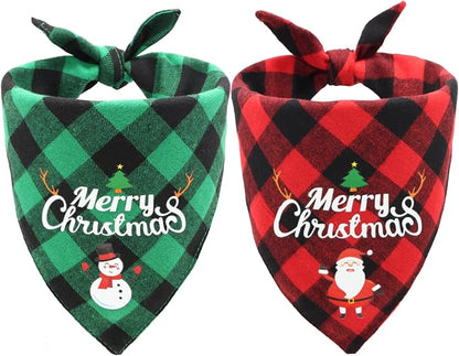 Christmas Dog Bandanas 2PCS-Small,Classic Plaid Triangle Holiday Scarf with Santa and Snowman Prints,Winter Pet Outfit for Boys and Girls,Red Green Plaid Dog Costume for Small Dogs and Cats