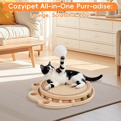 Cat Scratcher Board, 3-in-1 Cat Scratcher & Activity Center with Sisal Scratching Pad, Ball Track & Spring Toy, Interactive Cat Furniture for Indoor Cats