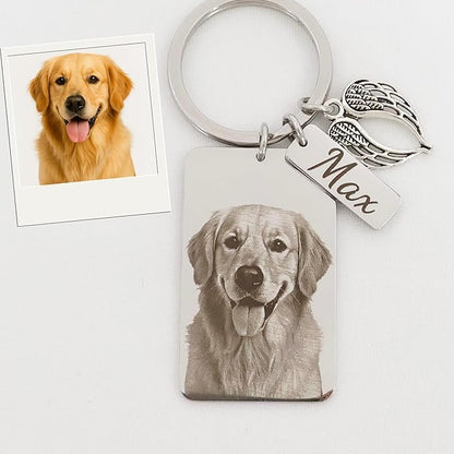 Custom Pet Portrait Keychain – Personalized Photo Engraved Keychain with Optional Back Text – Memorial Gift for Pet Lovers, Dog Owners, Cat Owners – Unique Pet Loss Remembrance Keepsake