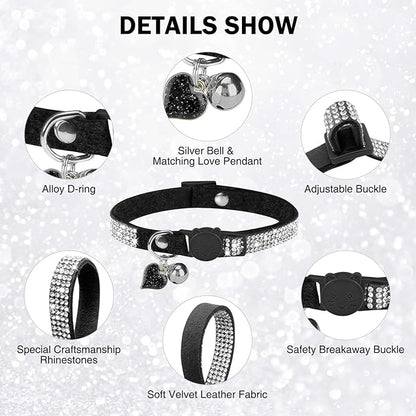 Rhinestone Cat Collar Breakaway with Bell, Diamond Cat Collar with Safety Buckle Quick Release for Girl Boy Small Kitten Pets Puppy,Cute Soft Female Male Cat Collars, Color Black 7-9"