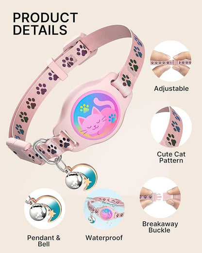 Cat Collar with Airtag Holder, 2 Pack Waterproof Breakaway Kitten Collar for Apple AirTag GPS Tracker, Adjustable Cat Collar with Buckle, Bell & Reflective Pattern for Cats, Kittens, Pink (8-11")