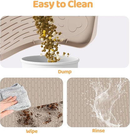 Cat Food Mat, 34" x 22" Large Silicone Pet Feeding Mat for Food and Water Bowls Non-Slip, Easy to Clean (Khaki)