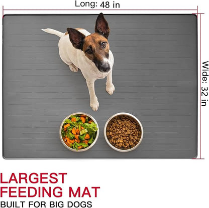 48" x 32" Largest Pet Food Mat, XXXL Silicone Dog Mats for Food and Water, Nonslip Pet Feeding Mats for Floors,Dog Cat Bowl Mat with Raised Edges, Gray White