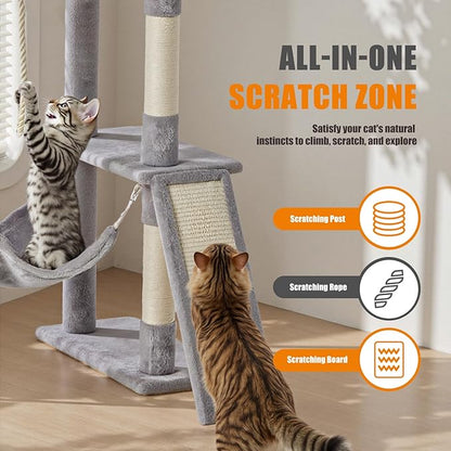 Large Cat Tree 63 Inch, Multi-Level Tall Cat Tree Tower with Condo, Perch, Sisal Scratching Posts Board and Hammock, Pet Play House with Dangling Balls for Indoor Cats, Light Grey