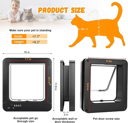 Smart Cat Door for Interior & Exterior, RFID Cat Pet Door with 3 Collar Sensor Keys & 1 Remote Control & 4 Way Locking Cat Flap with Collar Sensors Activated Opening CatDoor (Black)