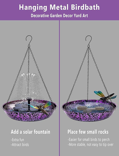 Hanging Bird Bath for Outdoor 11 Inch Colorful Purple&Blue Metal Bird Feeder Birdbath Bowl Mounted Rust-Proof Black Chain Metal Dragonfly Yard Art Garden Decor
