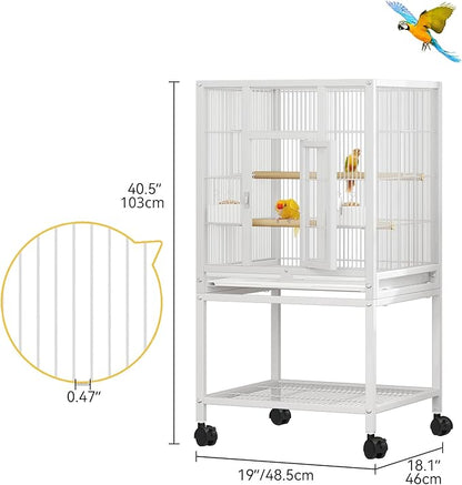 DWVO 41-inch Metal Bird Cage: Large Parrot Cages with Rolling Stand - Features Tray, Food Boxes & Wooden Perches for Parakeets, Lovebirds, Cockatiels, Finches and Pigeons, White