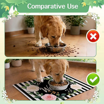 Pet Feeding Mat 24" x 16" Floral Stripe Welcome Design Non Slip Dog Food Mat and Cat Food Mat Easy Clean Puppy Feeding Mat for Indoor Cats Large Pet Food Mat for Food Bowls