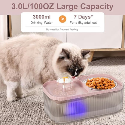 Marchul Cat Water Fountain and Stainless Steel Food Bowl, 100oz/3L Super Quiet Automatic Pet Water Dispenser with Smart Pump and 3 Replacement Filters for Cats and Small Dogs, Pink