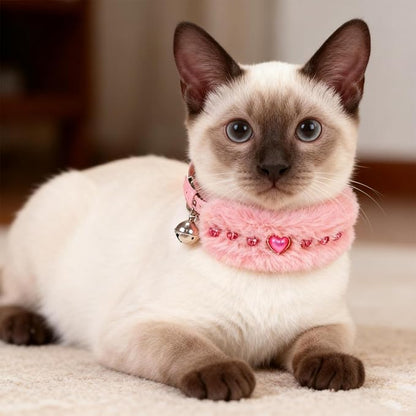 EXPAWLORER Valentine's Day Cat Collar - Adjustable Furry Leather Cat Collars with Pearls and Gemstones for Girl Boy Cats, Elegant Plush Pet Collar with Bell & Durable D-Ring, Pink