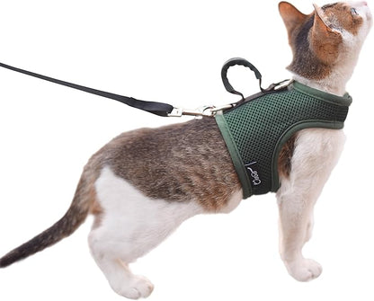 Cat Harness and Leash for Walking Escape Proof Breathable Mesh Fabric, Solid Green, Large, Adjustable Cat Walking Jackets with Handle, Padded Stylish Cat Vest