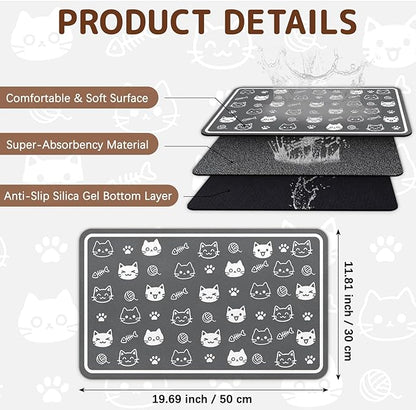 Dog Food Mat for Bowls, Absorbent Quick Dry Dog Cat Mats for Food and Water, Non-Slip Backing Pet Mat Pet Supplies - Cute Cat Pattern