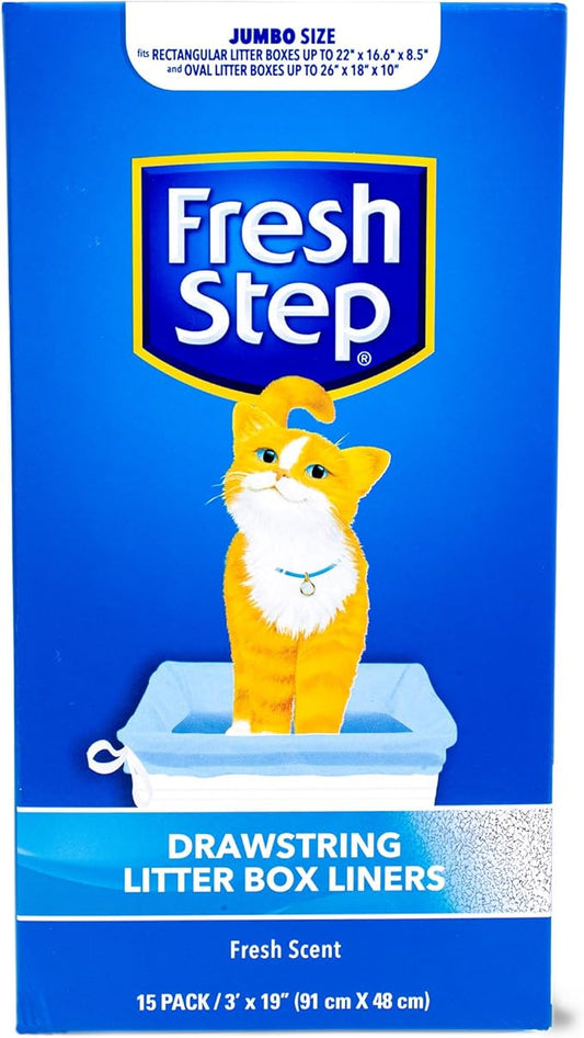 Fresh Step Jumbo Drawstring Cat Litter Box Liners, Scented Heavy Duty Kitty Litter Bags for X-Large Oval or Rectangle Pans, Helps Contain Mess for Easy Lift Out Cleanup, 36 x 19 in, 15 Count