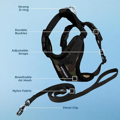Voyager Escape-Proof Step-in Lock Cat Harness & 5ft Neoprene-Handle Leash Set All-Weather Mesh with Reflective Stitching for Small to Large Cats by Best Pet Supplies, Army/Black Trim, S