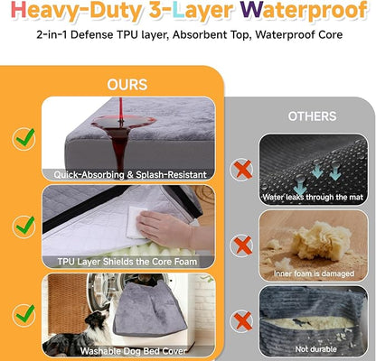 Waterproof Large Dog Bed - XL Dog Bed for Crate, Washable Crate Bed with Orthopedic Pet Mat with Egg Crate Foam, Anti-Slip, Reversible & Washable Cover, 41" x 27", Gray