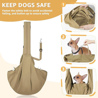 SlowTon Dog Carrier Sling - Thick Padded Shoulder Strap Adjustable Dog Carriers for Small Dogs, Puppy Carrier Purse for Pet Cat with Front Zipper Pocket Safety Belt Machine Washable (BRN, M)
