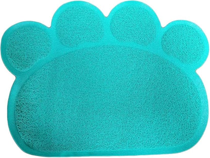 PVC Pet Dog Cat Puppy Kitten Dish Bowl Food Water Feeding Placemat, Non-Slip Cat Litter Mat Paw Shape, Blue Large