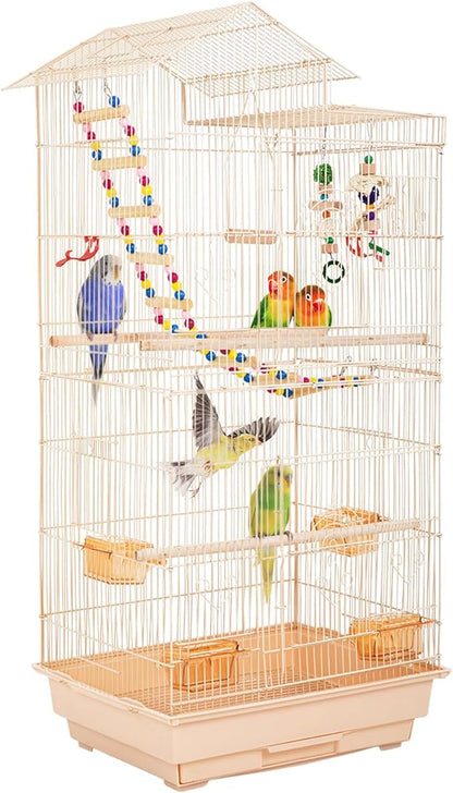 FDW 39 Inch Bird Cage Parakeet Cage with Play Top Rolling Stand & Easy Clean Pull-Out Tray Roof Top Parrot Cage for for Finches Canaries Parakeets Cockatiels & Other Small Birds, Almond