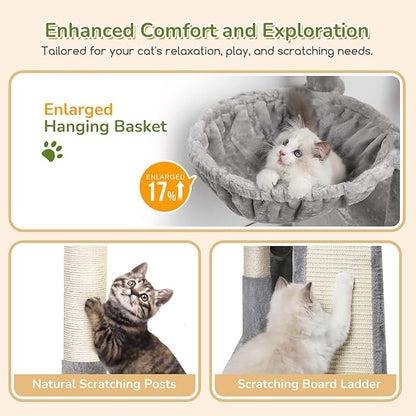 Globlazer Cat Tower for Multiple Indoor Cats, 52 inch Heavy Duty Cat Tree with 3 Condos, Plush Cat Condo with Scratch Posts and Pad for Adult Cats Kitten, Padded Perch, Basket Bed, F52B, Light Grey