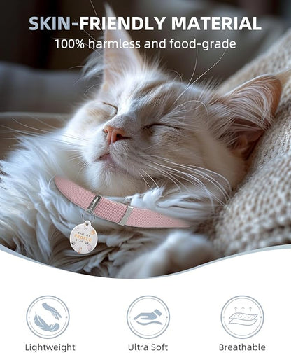 Cat Collar with Bell, Stretch Elastic Quick Release, Modifiable Pet Online Profile Page, Multiple Emergency Contact, Non Breakaway Lightweight Kitten Collar for Girl Cats, Pet Supplies, Gifts, Pink