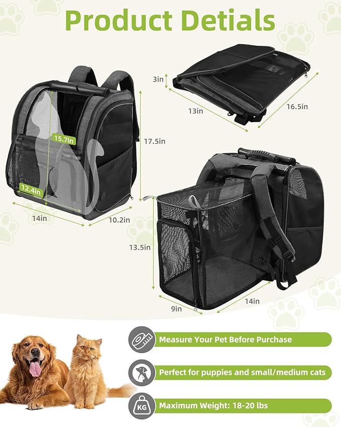 Expandable Cat Carrier Backpacks with Breathable Mesh, Pet Carrier Backpack for Cats Small Dogs Puppies Up to 20 Lbs, Dog Carrier Backpack Great for Travel/Hiking/Camping/Outdoor-Grey with Green