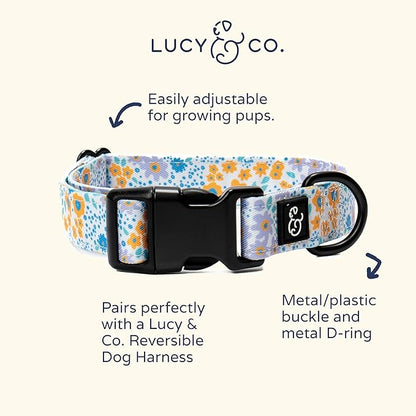 Lucy & Co. Among The Wildflowers Dog Collar - Durable Lightweight Designer Collar for Pets - Adjustable Metal Safety Buckle - Purple Floral - Small