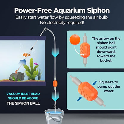 Aquarium Siphon Vacuum & Water Changer Kit with Multi-Head Attachments | Includes Gravel Cleaner, Debris Filter, Brush and Sponge for Effortless Cleaning & Water Changes | Ideal for Tanks Up to 10 Gal