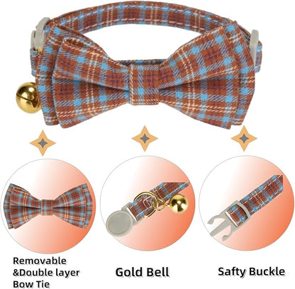 2 Pack Cotton Cat Collar, Removable Bowtie, Plaid Pattern, Safety Breakaway Clasp, Adjustable for Cats.(Adult Cat, Beige and Red)