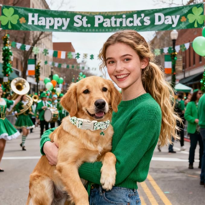 DOGWONG St Patrick's Dog Collar, Green Clover Pet Collar Cotton Holiday Pet Collar Cute Puppy Collar Adjustable Pet Dog Collars for Large Dogs,L