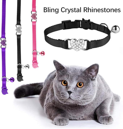 2 Pcs Cat Collars Heart Bling Breakaway with Bell Nylon Adjustable for Kitty(Black+Purple)