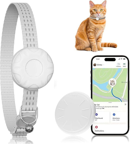 Cat GPS Tracker, Smart Cat Tracker Compatible with Apple Find My App (Only iOS), No Monthly Fee, Waterproof (White Tracker, White Cat Collar)