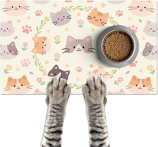 Cat Feedings Mats 20x12 inch Beige Cat Print Pet Bowl Placemat Non Slip Mat for Cats Food and Water Indoor Kitty Feeding Station Cute Cats Meal Mat for Small Pets Kitchen Floor Use