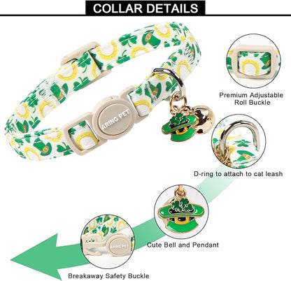 ARING PET 2 Pack St Patrick's Day Cat Collar, Breakaway Kitten Small Cute Green Lucky Clover Shamrock Collars with Bells for Girl Boy Cats
