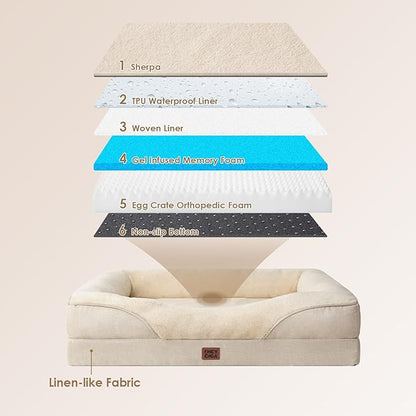 EHEYCIGA Orthopedic Dog Bed for Medium Dog, 35x22x6.5 Inch Memory Foam Dog Couch Bed with Sides, Waterproof Liner & Washable Removable Cover, Bolster Pet Sofa, Beige