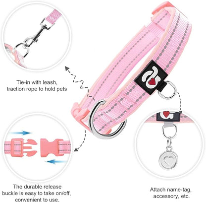 azuza Reflective Dog Collar,Soft Neoprene Padded Pet Collar with ID Tag Ring,Adjustable for Puppy and Small Dogs,Pink,XS