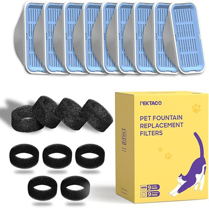 PEKTACO Cat Water Fountain Filters Replacement & Pre-Filter Sponges for 3.2L/108oz Automatic Pet Fountain, Dog Water Dispenser 9 Pack Filters & 9 Pre-Filter Sponges Foam Filters