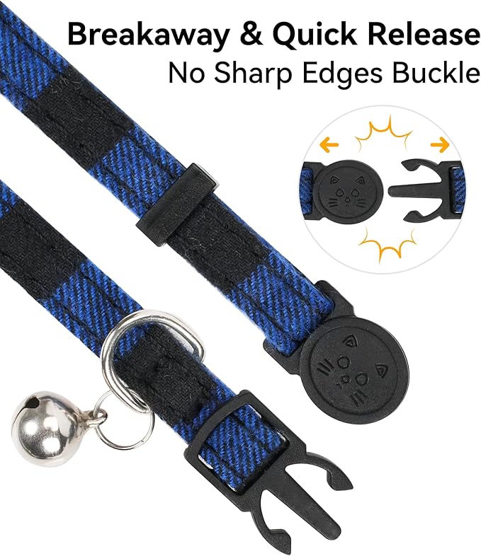 Joytale Upgraded Cat Collar with Bells, Breakaway Cat Collars with Bow Tie, 1 Pack Girl Boy Safety Plaid Kitten Collars, Blue