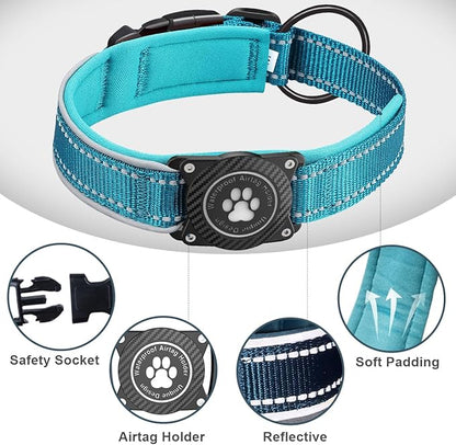 Airtag Dog Collar with Waterproof Air Tag Holder, Luminous Reflective, Soft Padded, Adjustable Nylon Pet Collar for Small Medium Large Heavy Duty Dogs,Blue, M