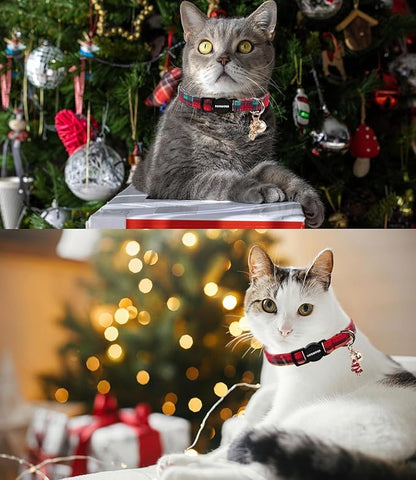 Cat Collar,2 Pack Cat Collars Breakaway with Bell, DOGWONG Safety Buckle Red Christmas Plaid Cat Collar for Girl Boy Cats and Small Dogs，Adjustable 7-12 Inch,Pet Supplies Accessories