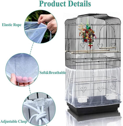 ASOCEA Bird Cage Seed Cather,Universal Adjustable Birdcage Cover Skirt Nylon Mesh Netting Parrot Parakeet Macaw African Round Square Cages Cover