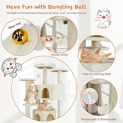Sweetcrispy 54 Inch Cat Tree Tower, Multi-Level with Cat Scratching Post, Indoor Cat Condo with Climbing Ladder, Plush Toy, Play House for Cat, Beige