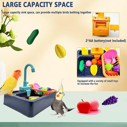 kathson Parrot Bathtub,Automatic Bird Shower Box,Multifunctional Parakeet Bathtub with Faucet,Bird Bathing Tub Pool Toy for Small Medium Birds Cockatiel Lovebird Budgie（Sapphire Blue）