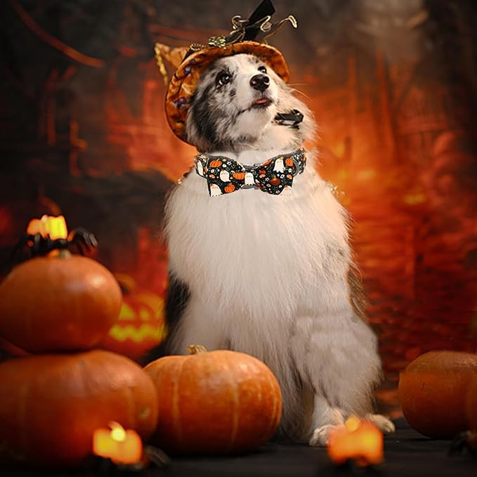 Halloween Dog Collar, Ghost Print Adjustable Pet Collar Fall Pumpkin Cute Cotton Soft Collars with Bow Tie Fall Metal Buckle Holiday Puppy Collars Boy&Girl Gift for X-Large Dogs