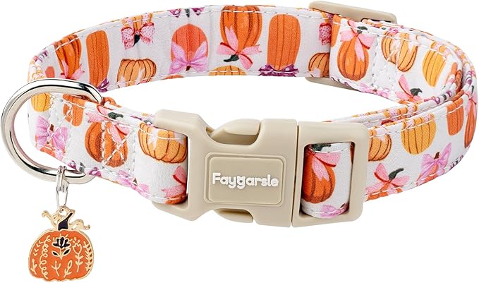 Faygarsle Fall Pumpkin Pattern Dog Collar with Charm, Adjustable Neckwear for Small Medium Large Dogs, Orange and Pink for Small Medium Large Dogs M