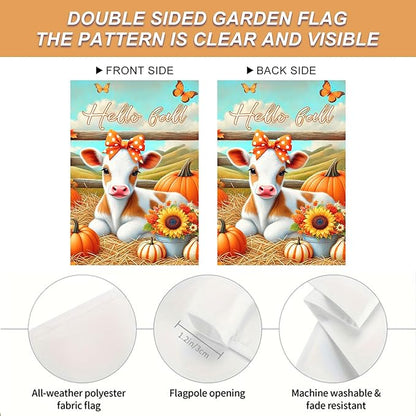 Hello Fall Garden Flag Cute Calf Cow Flag 12x18 Inch Polka Dot Bow Hay Pumpkins Sunflowers Double Sided Outdoor Banner For Front Yard Porch Lawn Patio Seasonal Home Decor Rustic Autumn