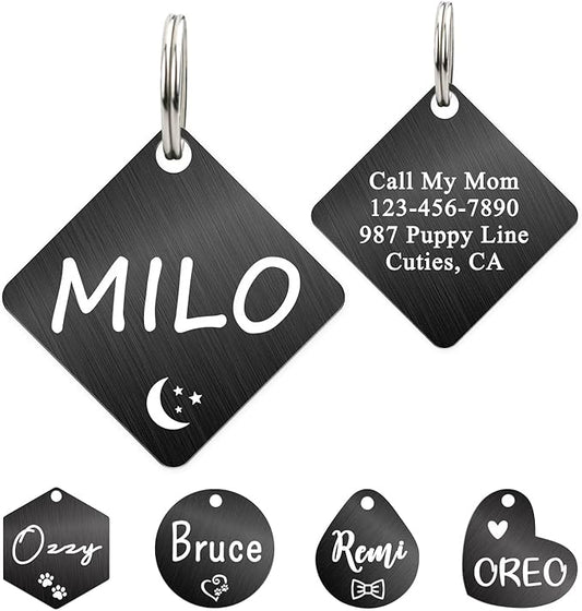 Ultra Joys Dog ID Tag, Custom Dog Tag Personalized Cat Tag, Pet ID Tag, Brushed Stainless Steel Diamond Dog Tag Black Small