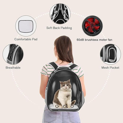 Active Cooling Pet Backpack Carrier with Side Fan,Airline Approved Transparent Bubble Backpack for Cats, Dogs, Puppies Enhanced Ventilation for Travel, Hiking, Camping (Black)