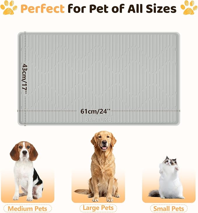 Silicone Cat & Dog Food Mat, 24" x 17" Large Pet Feeding Mat for Cats and Dogs Bowl, Pet Placemat for Food and Water with Raised Edge, Waterproof, Leakproof (Grey)