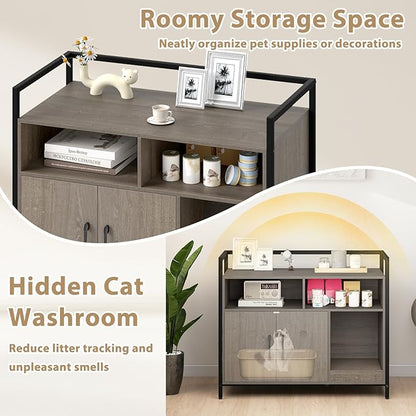 Giantex Cat Litter Box Enclosure - Cat Washroom Hidden Furniture with Front Entry, Scratcher, 2-Door Storage Cabinet, 2 Compartments, Air Vents, Metal Frame, Wooden Pet Crate House (Oak Gray)